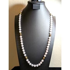 Ice Cold Rose Quartz & Gold Striated Bead Hand Knotted Over the Head Necklace